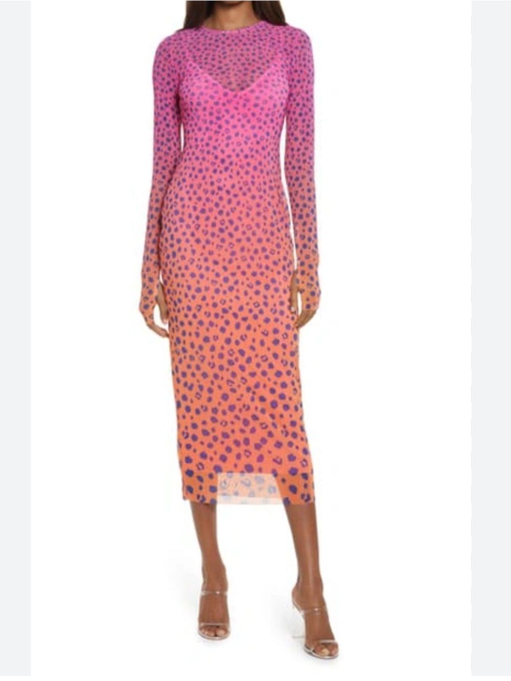 AFRM Pink to Orange Ombre Leopard Mesh Midi Dress Sz M